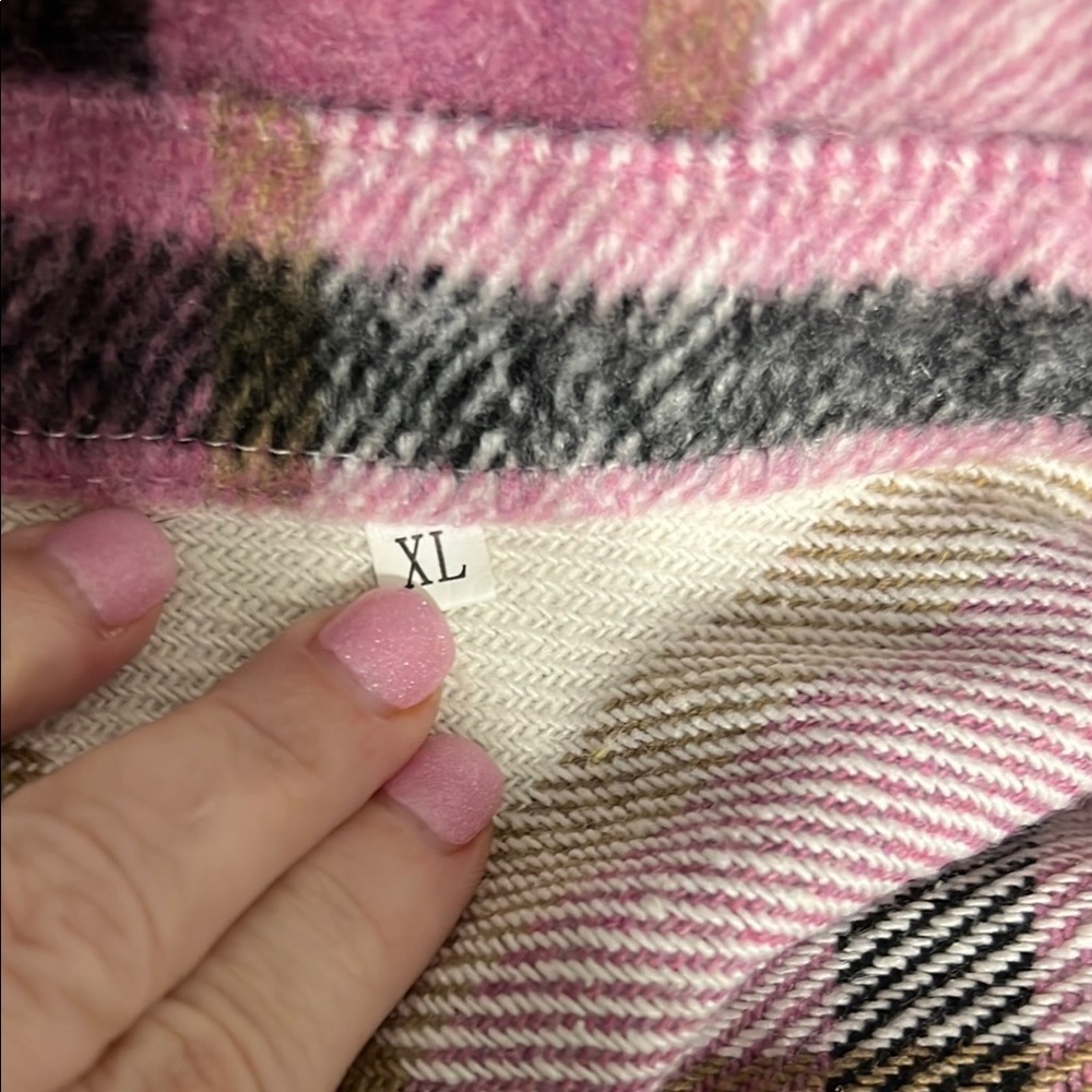 Classic Plaid Pink and White Women's Jacket Shacket pockets. front side & chest - Picture 7 of 12